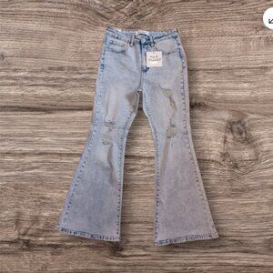 Nine Planet Women High Rise Flare Distressed Light Wash Stretch Jeans Sz 7 / W28